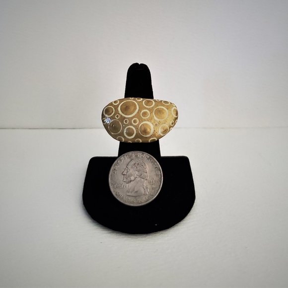 Hand Painted Dot Art Gold and Ivory Statement Ring, Cocktail Ring - Picture 5 of 6